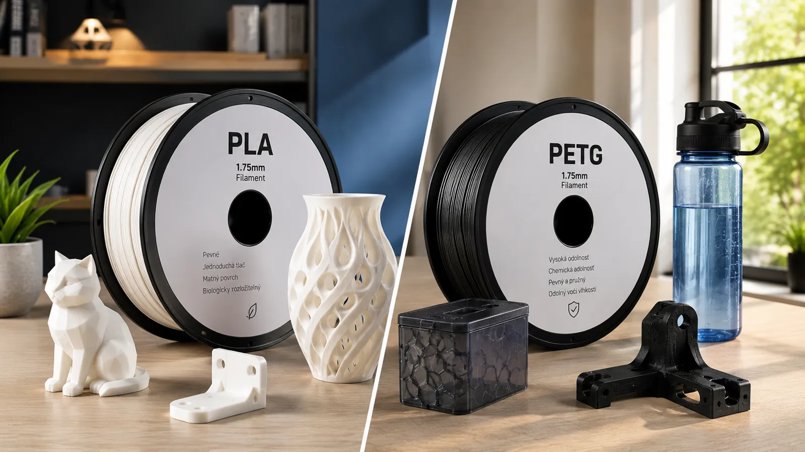 PLA vs PETG porovnanie filamentu — vlastnosti, tlač a použitie