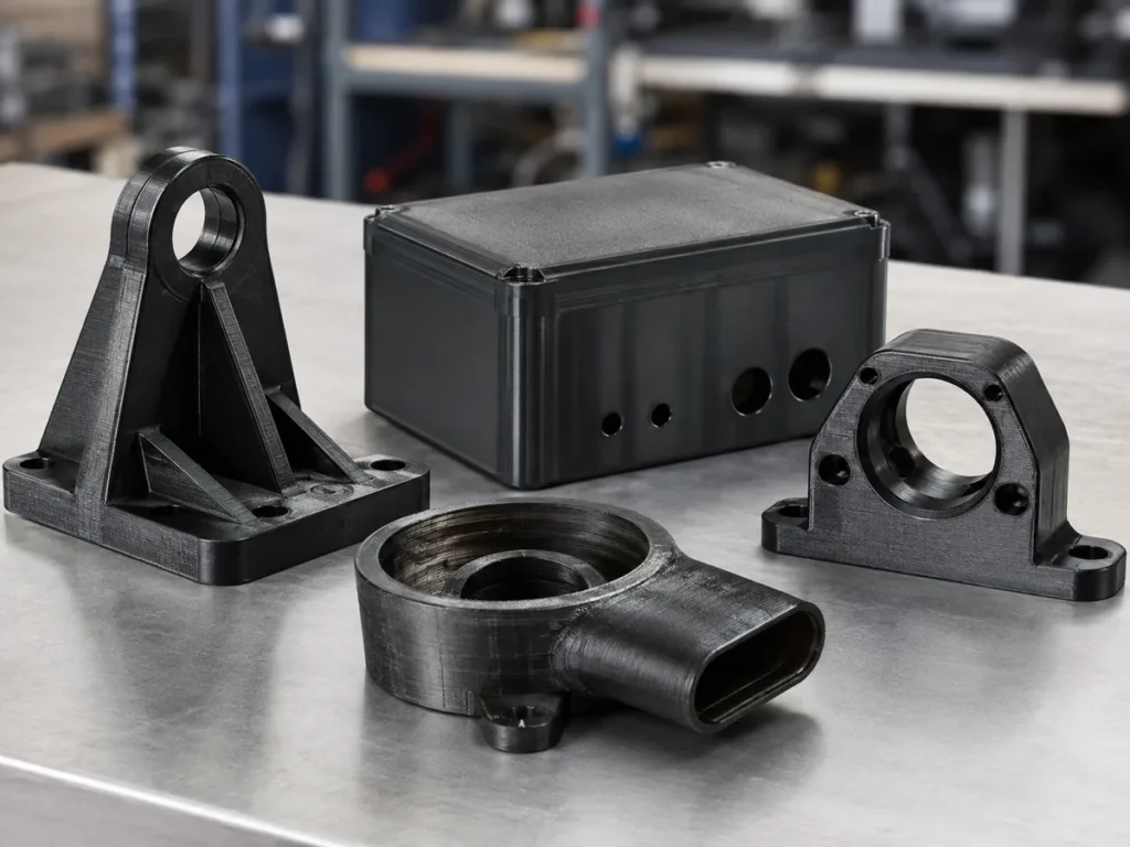 3D tlačené polykarbonátové diely vrátane technických držiakov, ochranného krytu a mechanického komponentu